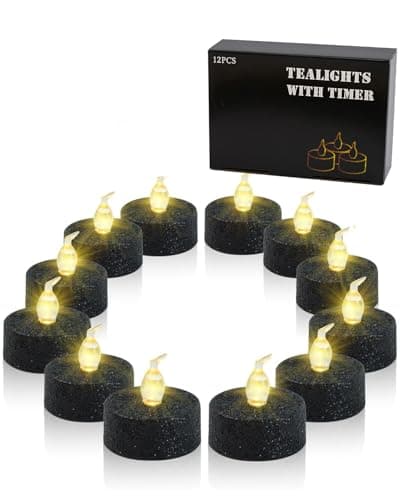 ONEIHOMM Black Glitter Tea Lights Candles with Timer, 12 Pack - Image 1