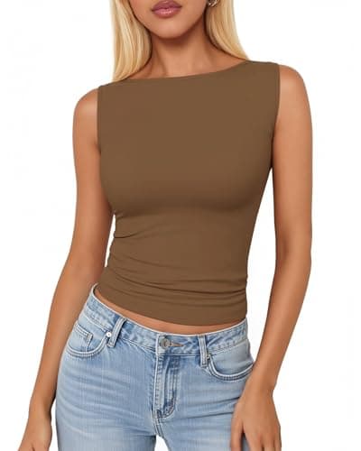 TRENLIVER Women Boat Neck Tank Tops Sleeveless Basic Going Out Top Cute Slim Fit Outfit Shirts Summer Clothes 2026 Light Coffee S - Image 1