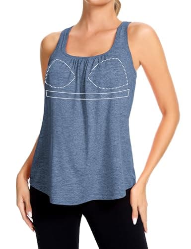 SLIMBELLE Mesh Racer Back Tank Tops Womens Gym Yoga Athletic Workout Tops Round Neck Sleeveless Loose Fit Cami with Built in Bra Blue XL - Image 1