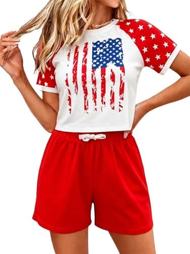 SFHFY 4th of July 2 Piece Outfit Women USA Shirt and Shorts Sets American Flag Shirts Crop Patriotic Set with Pockets - Image 1