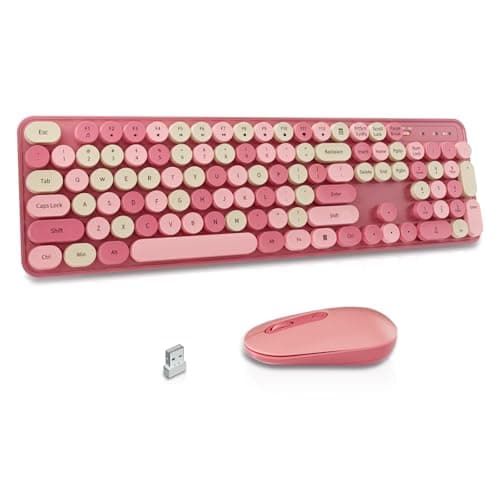 LIZRROT Wireless Keyboard and Mouse Combo, Round Keycaps, Retro Typewriter Keyboard Silent, Auto Sleep, 2.4G Wireless Connection for PC/Windows/Mac (Pink) - Image 1