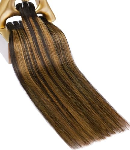 MLIP Raw Bundles Human Hair Straight, No Tangle Shedding, Keep Texture Silky Soft After Multiple Washes, 16A Raw Indian Hair Bundles 26 28 30 Inches, Brown Highlight Bundles - Image 1