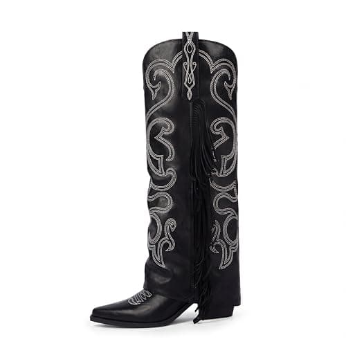 QIY Black Fold Over Knee High Boots for Women Cowboy Boots Cowgirl Western Pointy Toe Chunky Block High Heel Tall Cow Boy Boot with Fringe Classic Embroidery Shark Boot with Tassels Size 6 - Image 1