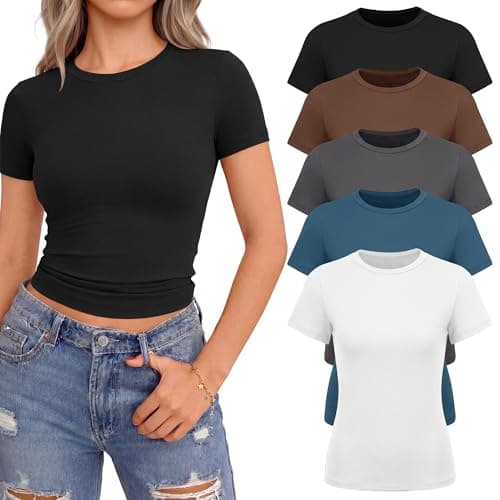 NexiEpoch 5 Pack T Shirts for Women - Crew Neck Short Sleeve Crop Tops Plain Casual Basic Tees Fitted Clothes Cute Y2K Outfit - Image 1