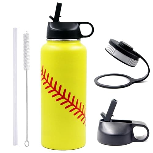 Softball Water Bottle 32 oz Wide Mouth Sports Flask Metal Travel Tumbler with 2 Lids, Stainless Steel Double Wall Vacuum Insulated Leak Proof Water Bottles, Softball Stuff Gifts for Mom Boys Girls - Image 1