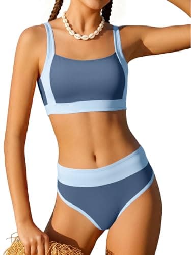 AMAWMW Girls Bathing Suit Color Block Bikini Set Adjustable Straps Two Piece Swimsuit Teen Girls Swimwear 7-16Y, Grey Blue, 15-16 Years - Image 1