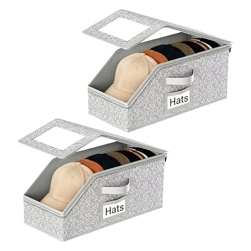 COAUOO Hat Storage Box with Clear Window, Stackable Baseball Cap Organizer Bin, Foldable Closet Storage Container with Zipper Lid for Hats, Clothing, and Accessories (2PCS) - Image 1