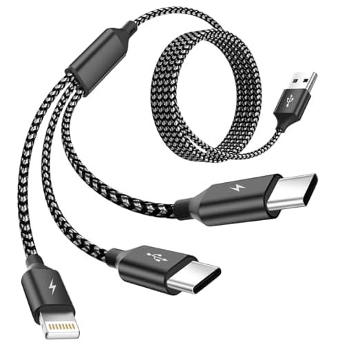 MPATIBY Multi Charging Cable,Dual Type-C Multiple Charger Cable,Nylon Braided 3 in 1 Multi USB Cable Charging Cord with IP/Type C Ports for Cell Phones/IP/Tablets/Galaxy & More-1Pack 5Ft - Image 1