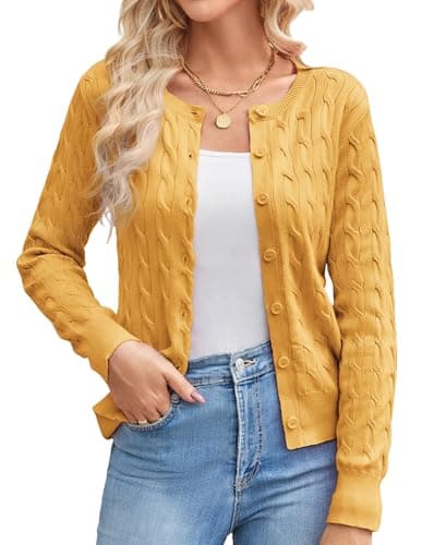 Womens Yellow Cable Knit Cardigan Sweaters, Lightweight Cardigans for Women Trendy, Spring Fashion Outfits for Women L - Image 1