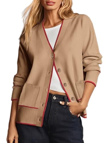 Dokotoo Cardigans for Ladies Open Front 2026 Long Sleeve Lightweight Color Block Spring Twisted Knit Sweater Coats with Pockets,Light French Beige Small - Image 1