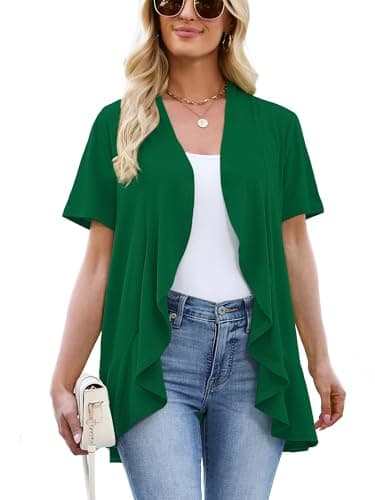 Heymoments Lightweight Cardigan for Women Green Large Draped Open-Front Short Sleeve Casual Soft Drape Summer Kimonos Ladies Ruffle Shrug - Image 1