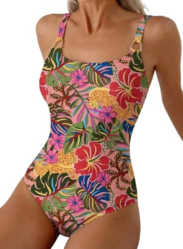 Herseas Women's Metal Ring Wide Straps Slimming One Piece Swim Suits 2026 Summer Tropical Leaf Print Tummy Control Fast Dry Wear Free Long Torso Bathing Suit Resort Wear XX-Large - Image 1