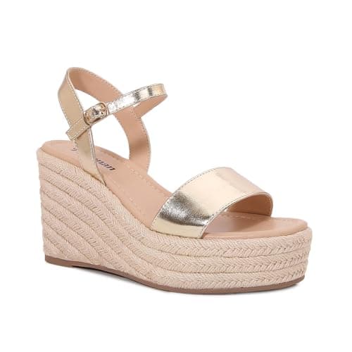 Paiyonan Women's Raffia Strap Espadrille Wedge Sandals - Ankle Buckle Platform Wedges Open Toe Summer Beach Casual Shoes (Gold, Adult, Women, 11, Numeric, US Footwear Size System, Medium) - Image 1