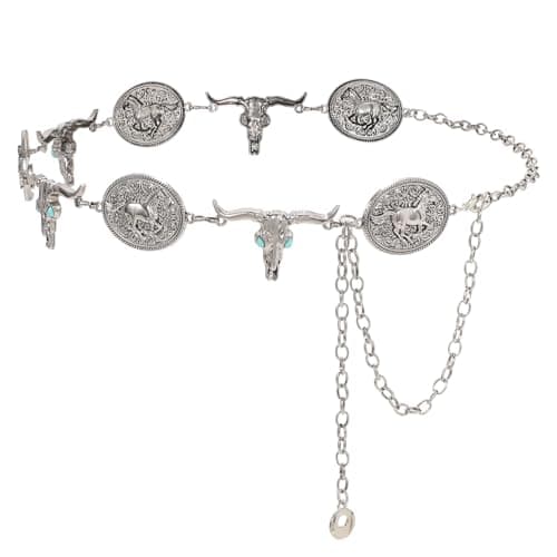 WHIPPY Western Metal Concho Belt for Women Vintage Cowgirl Boho Turquoise Chain Belts for Dresses Jeans, Silver, Bull Head Chain, M - Image 1