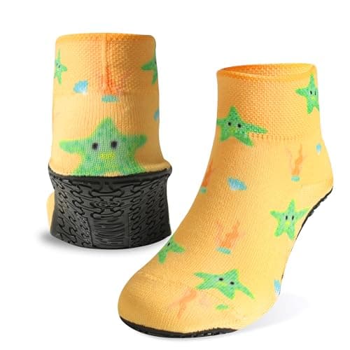 RANDY SUN Kids Quick-Dry Sand Not Waterproof Socks, Breathable Barefoot Beach Pool Socks for Swim Yoga Surf Water Sport Protect Against Sunburn Gift for Child(1 Pair Yellow&Green Star 8.66IN) - Image 1