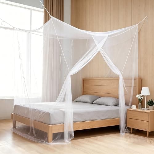 Vawolecy 4 Corners Mosquito Net for Mosquiteros para Camas Bed Canopies Netting Bed Drapes with Carry Bag,One Side Opening Rectangular Mosquito Mesh for Camping Home Dorm Outdoor Travel - Image 1