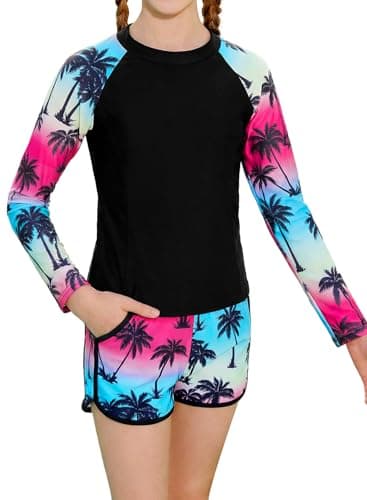 Alakuoti Girls Rash Guard Swimsuit Two Piece Bathing Suit UPF 50+ Sun Protection Long Sleeve Swimwear Size 6 Black Palm Tree - Image 1
