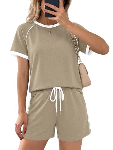 Casly Lamiit Short Sets Women 2 Piece Outfits 2026 Summer Matching Athletic Clothing Sets Cute Color Block Sweatsuit Camel S - Image 1