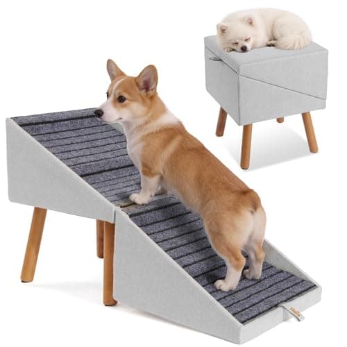 Dog ramp for Small Dogs, 2-in-1 Pet Steps & Ottoman - Foldable Dog ramp for Couch, Non-Slip Wooden Pet ramp for Puppy Senior Injured Dogs (Light Grey, XL(17.13H))