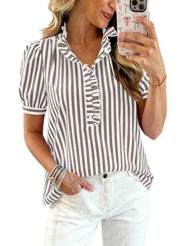 MASCOMODA Womens Puff Short Sleeve Summer Tops Striped Plaid Ruffle V Neck Button Down Shirts Business Casual Work Blouses(Striped Brown,X-Large) - Image 1