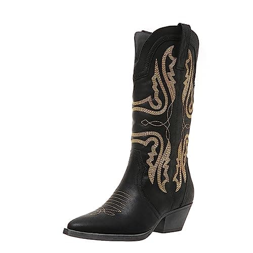 SelRoys Cowboy Boots for Women Cowgirl Mid Calf Western Boots Embroidered Stitched Pointed Toe Chunky Block Heel Brown Red Black US5-11, black, 9.5 - Image 1