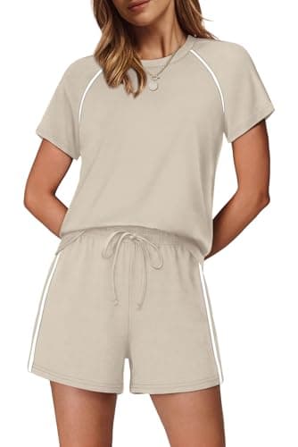 Sampeel 2 Piece Sets for Women Summer Two Piece Outfits 2026 Lounge Sets Matching Set Loungewear Cruise Vacation Resort Wear Petite Beach Vacation Clothes Travel Outfits Beige M - Image 1