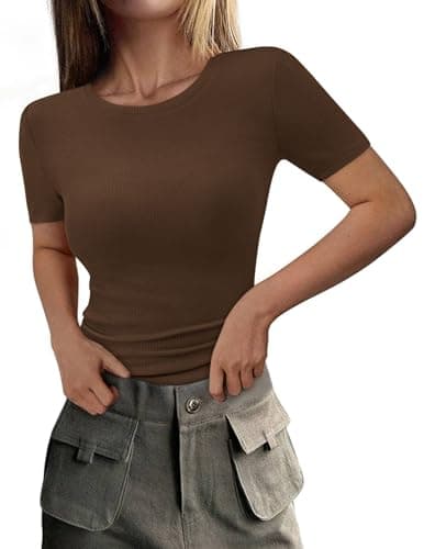 PRETTYGARDEN Women 2026 Summer Crew Neck Short Sleeve Tops Ribbed Knit Slim Fit Fashion Basic Tee Shirts Casual Going Out Top (Coffee,XX-Large) - Image 1