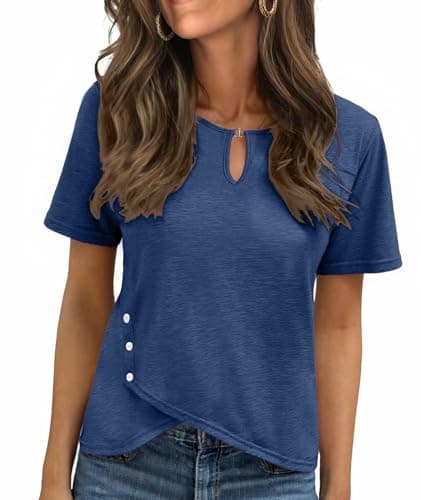 MFAVIP Womens Summer Tops Short Sleeve T Shirts Trendy Cute Keyhole Neck Dressy Casual Basic Work Ladies Clothing Navy Blue - Image 1