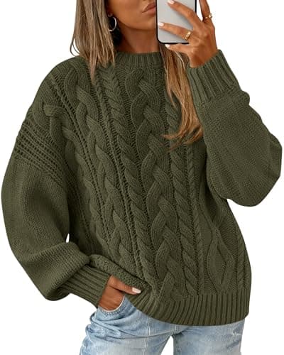 BTFBM Women's Oversized Sweaters 2025 Batwing Long Sleeve Cable Knit Crewneck Pullover Tops Fall Outfits Winter Clothing(Army Green, X-Large) - Image 1