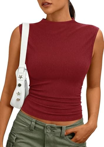 PRETTYGARDEN Sleeveless Tops for Women Ribbed Mock Neck Tank Top Slim Fitted Ruched Basic Layering Shirts 2026 Summer Clothes (Red,Medium) - Image 1