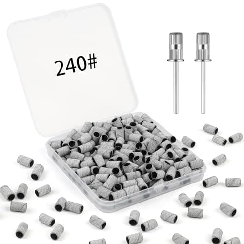 BEVTEE 200Pcs Sanding Bands for Nail Drill, 240 Grit Small Nail Sanding Bands, with 2pcs 3/32'' Nail Drill Bits, for Acrylic Nails Gel Manicures and Pedicure, White, Including a Dedicated Organizer