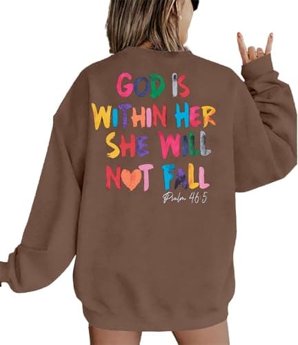 VILOVE Christian Sweatshirt Women Bible Verse Pullover Christian God Is Within Her Long Sleeve Inspirational Blouse Top Brown - Image 1