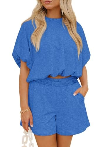 COCCKO Women Summer 2 Pieces Shorts Sets Bubble Crop Tops Casual Loose Outfits Comfy Lounge Sets with Pockets Blue XL - Image 1