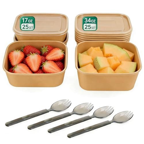 Orfonbi 50 Pcs Disposable Paper Bowls with Lids & Sporks - 17oz and 34oz Thickened Kraft Containers, Leak-Proof Microwave Safe, BPA-Free, Stackable, Heat-Resistant for Lunch, Catering, Leftovers - Image 1
