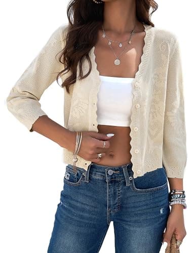 Kate Kasin Cropped Cardigans for Women Summer Casual 3/4 Sleeve V Neck Button Down Hollow Out Crochet Sweater Shrugs Apricot XXL - Image 1