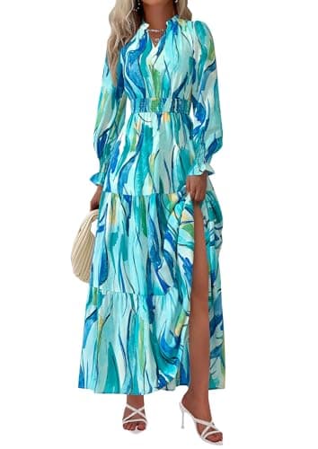 PRETTYGARDEN Women's Floral Maxi Dress 2026 Fall Long Sleeve V Neck A Line Long Flowy Spring Party Boho Dresses (Blue,X-Large) - Image 1