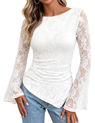 GRACE KARIN Womens Lace Bell Long Sleeve Tops 2026 Fall Boat Neck Ruched Going Out Shirt Asymmetrical Y2K Clothes Date Night, White Rose, X-Large - Image 1