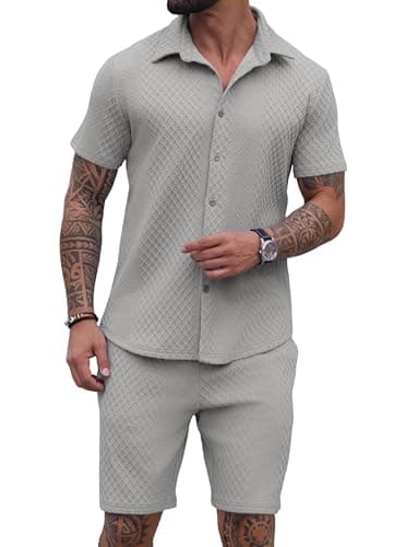 PrinStory Mens 2 Pieces Outfits Short Sleeve Tracksuit Beach Button Down Shirts and Shorts Set with Pockets Gray-XL - Image 1