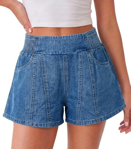 Cicy Bell Womens Summer Pull on Jean Shorts Casual Trendy Elastic High Waisted Denim Shorts Baggy Seam Jorts with Pockets - Image 1