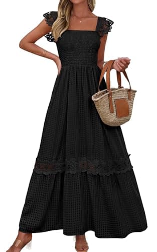 PRETTYGARDEN Women's Smocked Summer Maxi Dresses 2026 Ruffle Cap Sleeve Square Neck Lace Detail Flowy Sundress with Pockets (Black, Medium) - Image 1