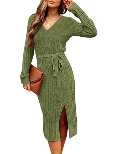 MEROKEETY Women's Winter Spring Long Sleeve Sweater Dress 2026 Fall V Neck Cable Knit Slit Bodycon Midi Dresses, Green, XL - Image 1