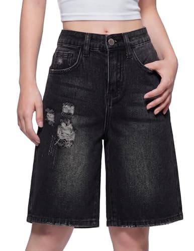 PATPAT Girls Jean Shorts 5-14Y Ripped Bermuda Jorts Y2K Baggy Straight Leg Denim Shorts with Elastic Waistband Black Size 13-14Y - Image 1