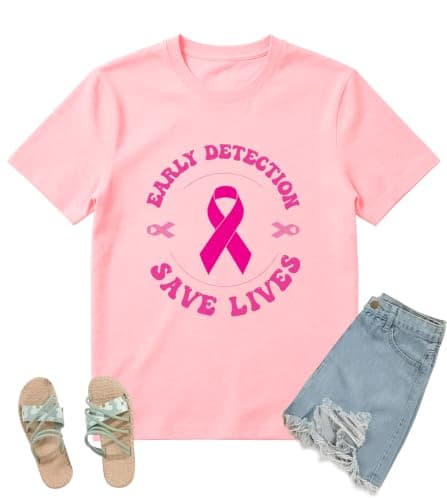 Breast Cancer Awareness Shirt Women-Early Detection Save Lives Pink Ribbon T-Shirt Survivor Support Short Sleeve Tee Top - Image 1