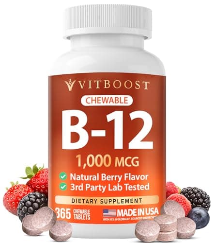 VITBOOST Vitamin B12 1000 mcg Chewable Tablets - 365 Count Natural Berry Flavor B-12 Vitamin for Energy & Nervous System Support - Non-GMO, Vegan Tablets - Made in USA - Image 1