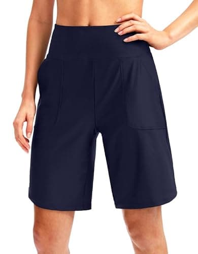 Viodia Women's 9" Long Swim Board Shorts with Pockets High Waisted Beach Swimsuits Knee Length Short for Women with Liner Navy - Image 1