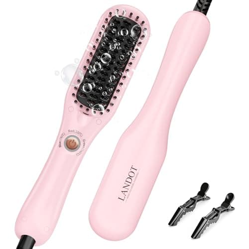 LANDOT Mini Hair Straightening Brush - Compact Heated Ionic Straightener Brush for Frizz-Free, Smooth Results, Lightweight Hot Comb & Travel Flat Iron Perfect for Short Medium Hair, Blush - Image 1