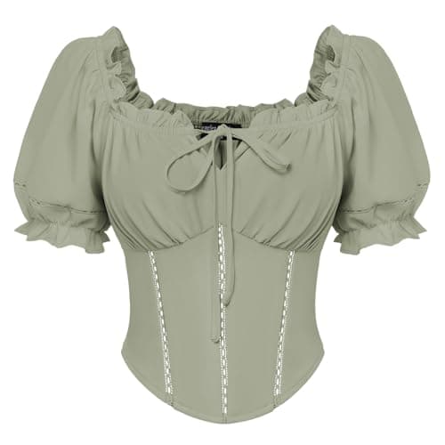 Scarlet Darkness Vintage Corset Tops for Women Renaissance Blouse Off Shoulder Puff Sleeves Top Green Bay XXL - Image 1