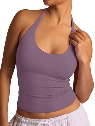 REORIA Women's Halter Tank Tops Basic Plain Tie Scoop Neck Backless Double Lined Going Out Outfits Cute Summer Slim Fitted Trendy Sleeveless Shirts Orchid Mist Purple - Image 1