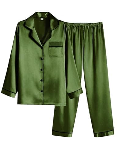 Ekouaer Women Satin Pajamas Set Classic Button Down Long Silk Pjs Set,XX-Large,Army Green - Image 1