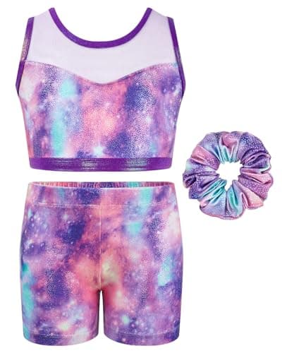JiAmy Two Piece Gymnastics Leotards for Girls, Sleeveless Sparkly Dance Biketards with Shorts Tumbling Ballet Outfit Purple 11-12 Years - Image 1